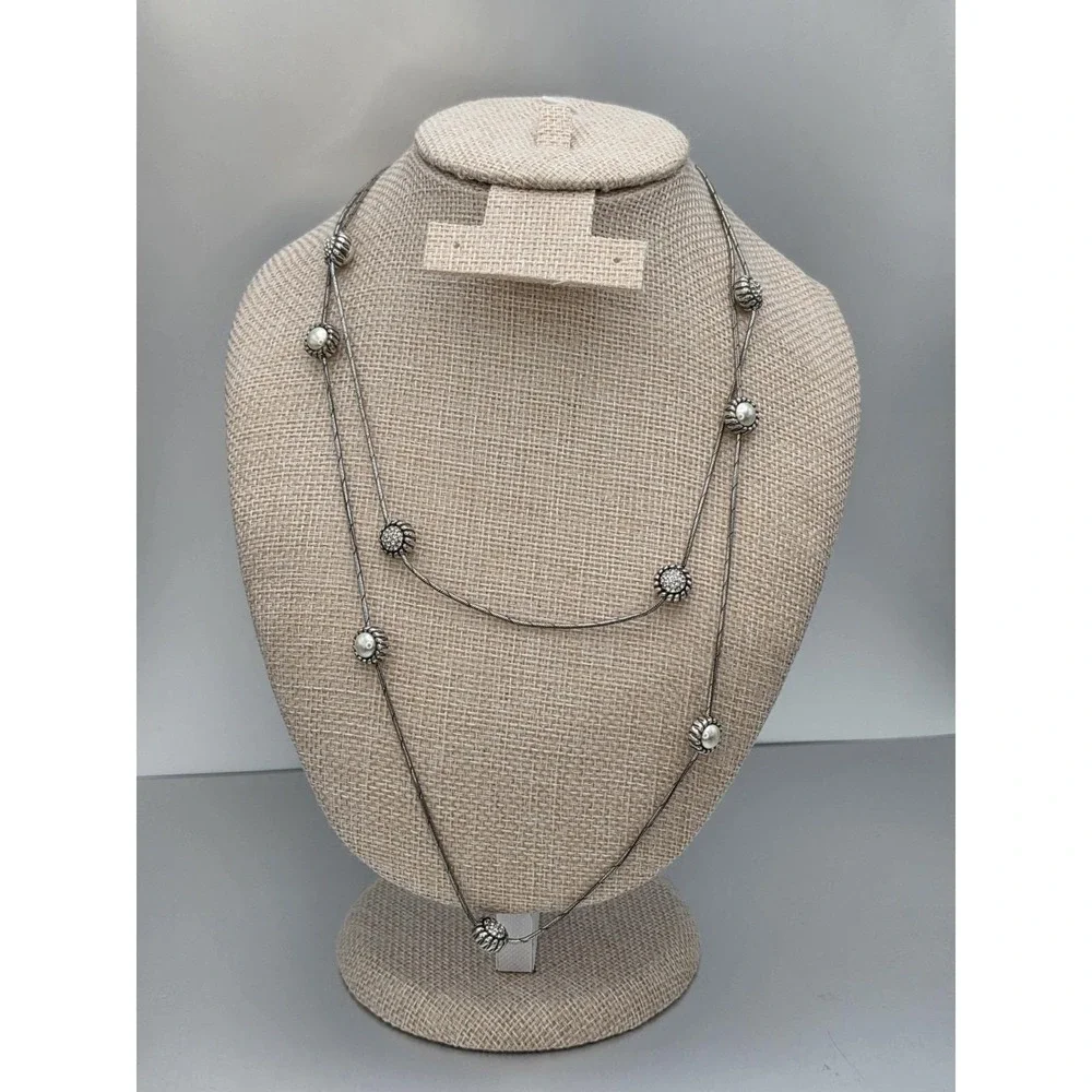 Vtg BRIGHTON Signed Faux Pearl Station Necklace Reversible Snake Chain 40
